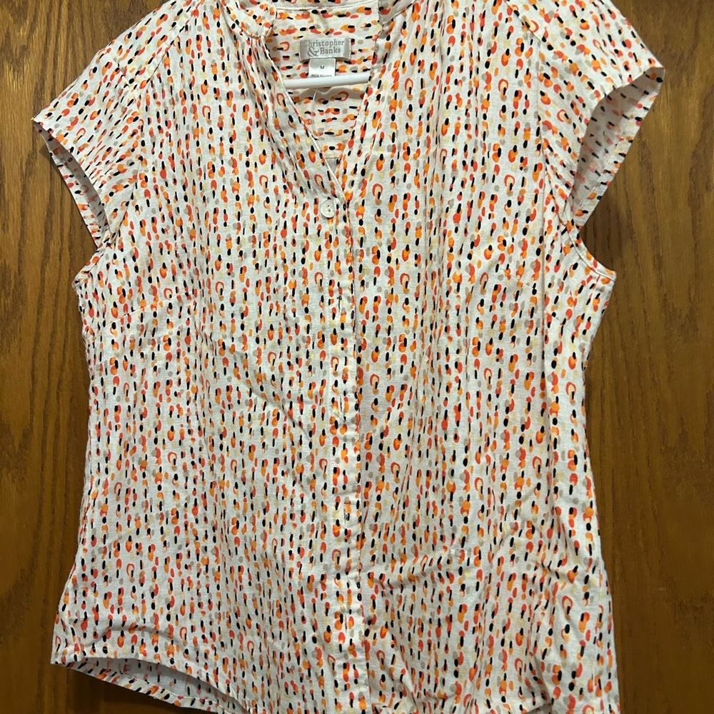 Christopher & Banks White and Orange Button Down Blouse